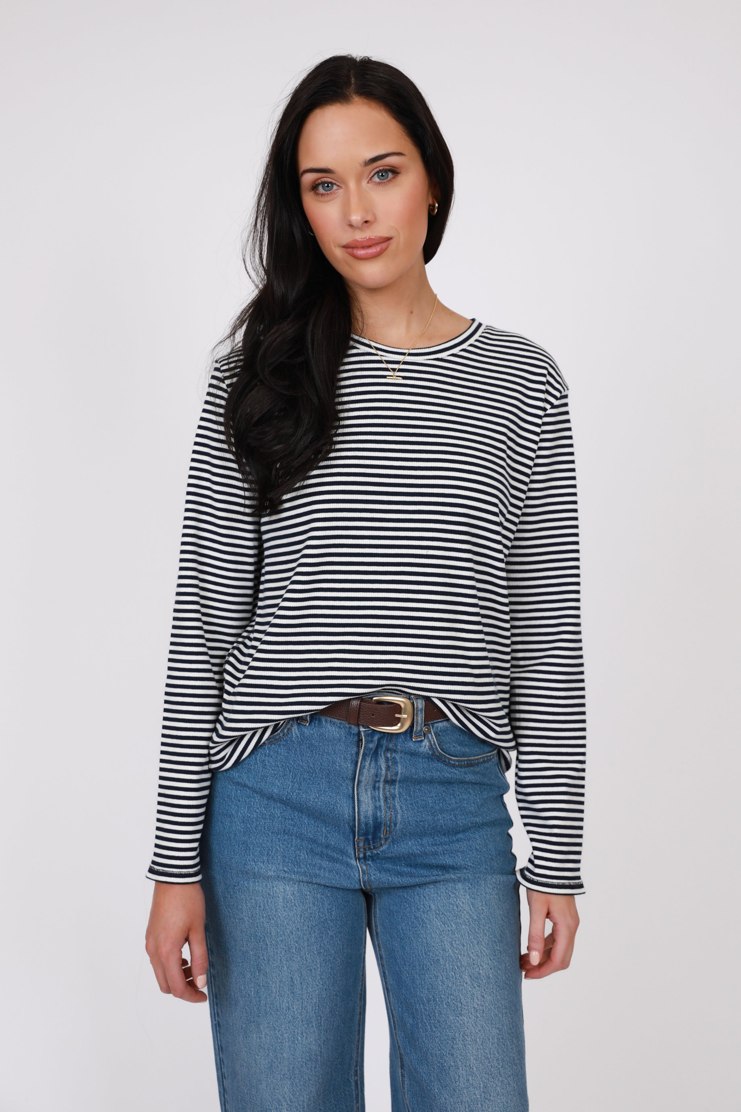 Marlow Uno Rib Long Sleeve Top Indigo Stripe