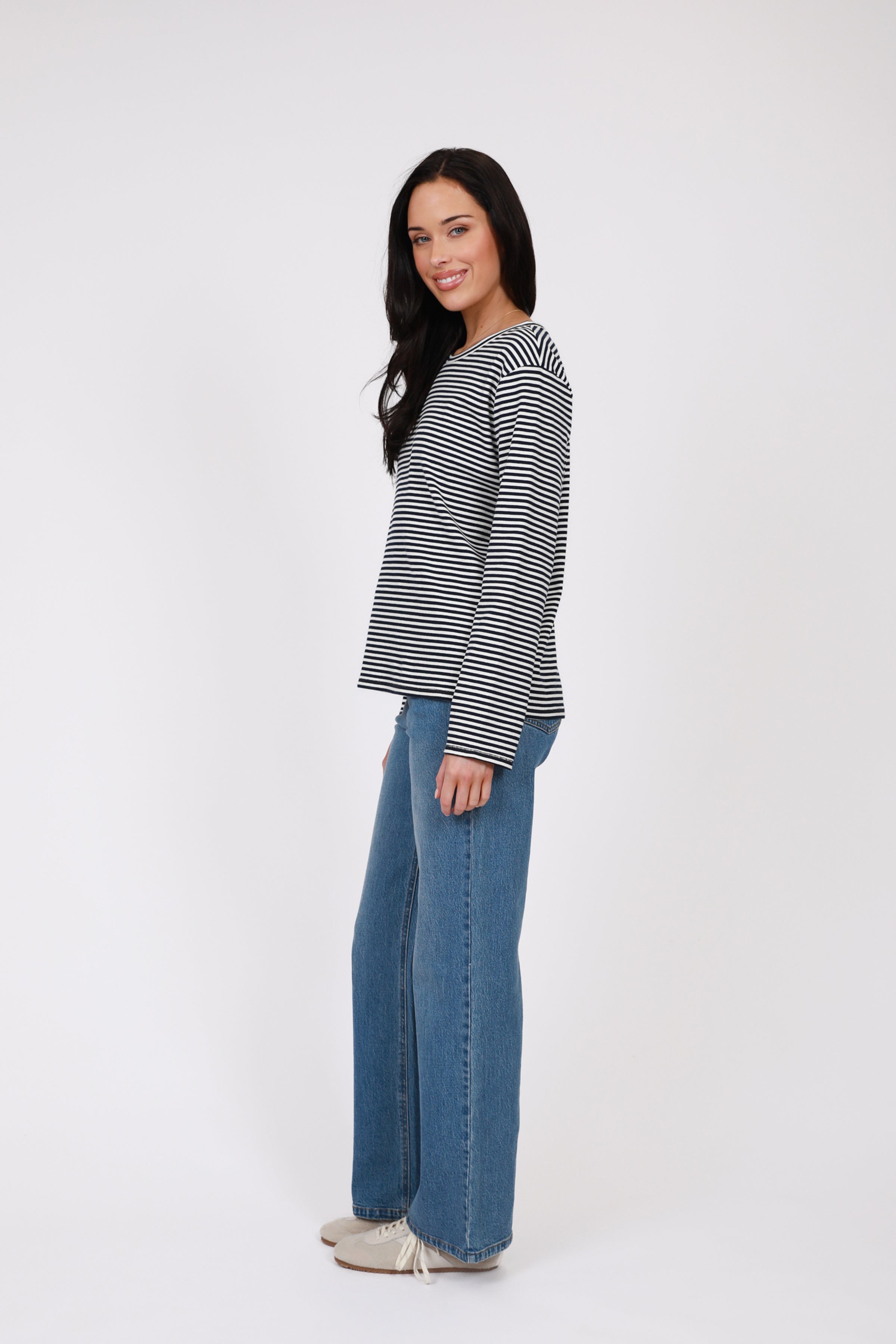 Marlow Uno Rib Long Sleeve Top Indigo Stripe