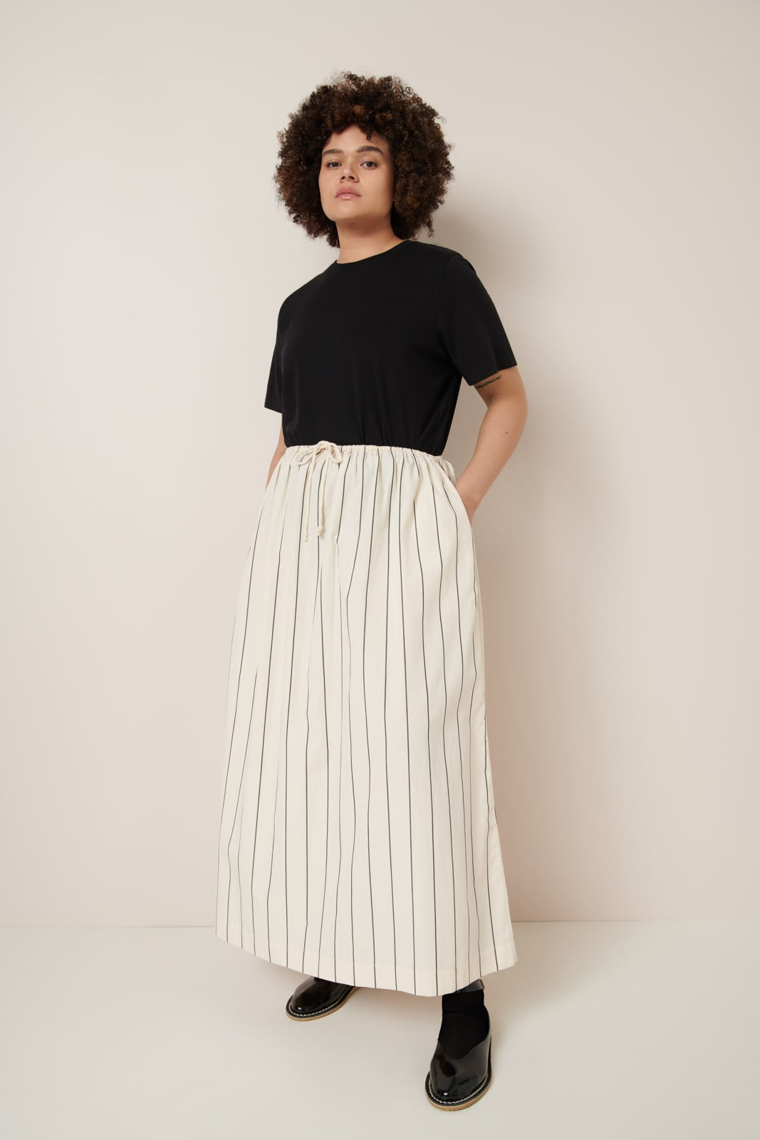 Kowtow Linear Skirt Greige Pinstripe